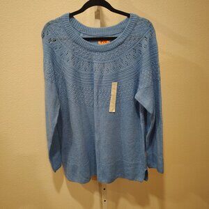EVRI Women's Plus Size Crewneck Pointelle Sweater Size 0X NWT Blue Crewneck